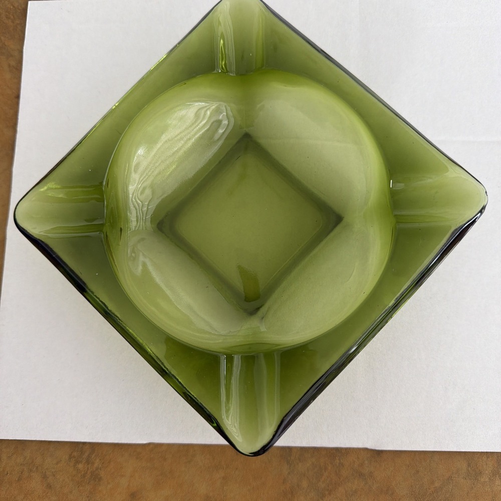 Vintage Green Glass Square Cigar Ashtray 6x6 Emerald Mid Century Modern
